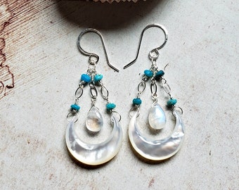 Turquoise Moonstone Earrings, Mother of Pearl Moon Dangle Earrings, Crescent Moon Turquoise Earrings