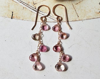 Pale Pink Tourmaline Dangle, Pink Ombre Tourmaline Earrings, Pink Heart Tourmaline Earrings