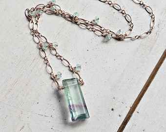 Green Fluorite Necklace, Mint Green Necklace, Green Rectangle Pendant, Purple Green Necklace