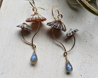 Double Mushroom Earrings, Fungi Dangle Earrings, Ophi Gemstone Earrings, Mushroom Gemstone Dangle