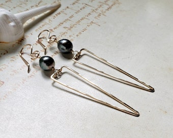 Tahitian Pearl Triangle Earrings, Long Tahitian Pearl Dangle, 9 mm Peacock Tahitian Pearl Earrings: Ready Made