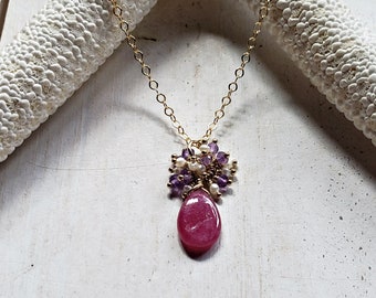 Ruby Amethyst Necklace, Ruby Pearl Cluster Necklace, July Birthstone Necklace:  Ready Made, NECKLACE ONLY