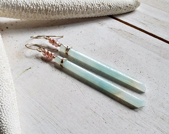 Amazonite Pearl Earrings, Amazonite Stick Dangle, Pink Pearl Amazonite Dangle