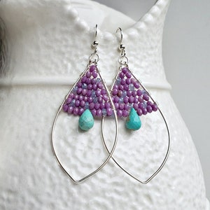 Phosphosiderite Turquoise Earrings, Tanzanite Marquise Hoops, Purple Turquoise Hoop Earrings