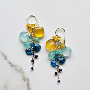Yellow Aqua Earrings, Blue Yellow Cluster Earrings, Apatite Cluster Dangle