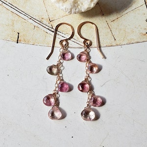 Pale Pink Tourmaline Dangle, Pink Ombre Tourmaline Earrings, Pink Heart Tourmaline Earrings