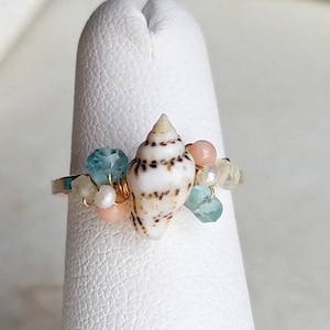 Pink Mint Gemstone Ring, Wire Wrapped Shell Ring, Adjustable Seashell Ring