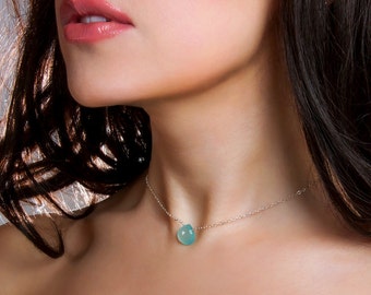 Aqua Chalcedony Necklace, Rose Gold Aqua Necklace, Mint Solitaire Gemstone Pendant N1059 N1060 N1061