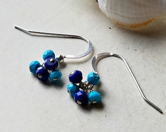 Small Lapis Cluster Earrings, Turquoise Lapis Gemstone Cluster, Tiny Sleeping Beauty Turquoise Earrings