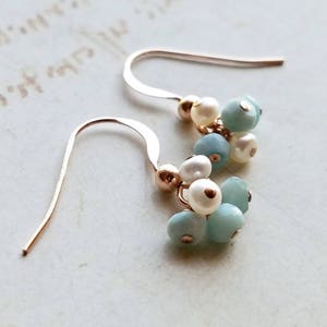 Very Tiny Larimar Earrings, Pearl Larimar Cluster, Tiny White Pearl Drops, Small Larimar Dangle