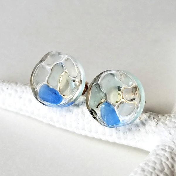 Small Beach Glass Studs, Cobalt Sea Glass Studs, Tiny Sea Glass Earrings, Hawaiian Sea Glass Studs ST1037 ST1038