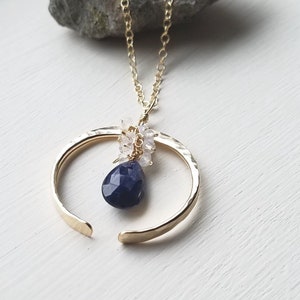 Blue Moon Necklace, Kyanite Cluster Necklace, Crescent Moon Moonstone Necklace, Half Moon Necklace