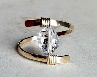 Solitaire Herkimer Diamond Ring, Minimalist Crystal Quartz Ring, Raw Herkimer Diamond Ring, With Carbon and Iron Inclusions