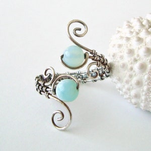 Peruvian Opal Wire Ring, Aqua Wire Wrapped Ring, Adjustable, Oxidized Sterling Silver Wire Weave Ring