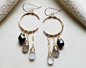 Dark Moon Earrings, Crescent Moon Dangle, Celestial Hoop Earrings, Labradorite Moonstone Hoops