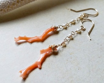 Coral Pearl Dangle Earrings, Long Coral Branch Earrings, Peach White Long Dangle