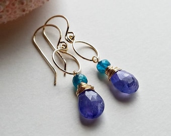 Tanzanite Drop Earrings, Teal Purple Drops, Tiny Apatite Hoops, Blue Purple Hoop Earrings, Tanzanite Hoops