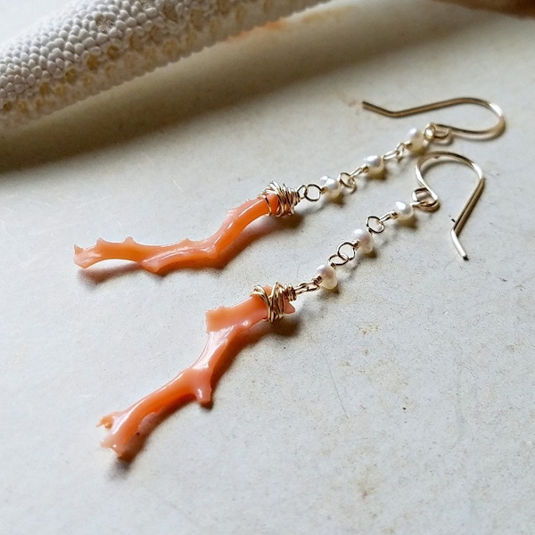 Coral Pearl Dangle Earrings, Long Coral Branch Earrings, Peach White Long Dangle