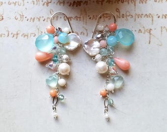 Peach Aqua Gemstone Cluster, Peach Coral Dangle Earrings, Pink Mint Cluster Dangle,