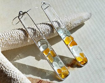 Aqua Amber Earrings, Natural Sea Glass Dangle, Hawaiian Beach Glass Earrings