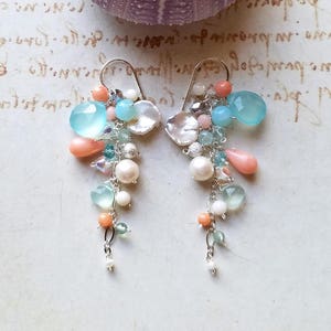 Peach Aqua Gemstone Cluster, Peach Coral Dangle Earrings, Pink Mint Cluster Dangle,