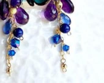 Peacock Cluster Earrings, Teal Gemstone Earrings, Amethyst Cluster Dangle, Bohemian Cluster Earrings