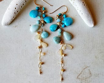 Long Larimar Dangle Earrings, Ethiopian Opal Dangle Earrings, Long Opal Turquoise Earrings
