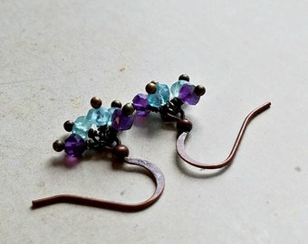 Purple Aqua Cluster, Tiny Amethyst Copper Earrings, Small Apatite Cluster Earrings