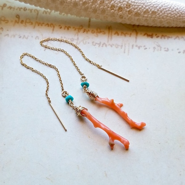 Coral Threader Earrings, Peach Coral Branch Dangle, Tiny Sleeping Beauty Turquoise Drops, Coral Dangle Earrings
