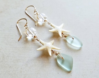 Starfish Sea Glass Earrings, Tiny Starfish Dangle, Aqua Sea Glass Drops, Real Starfish Jewelry