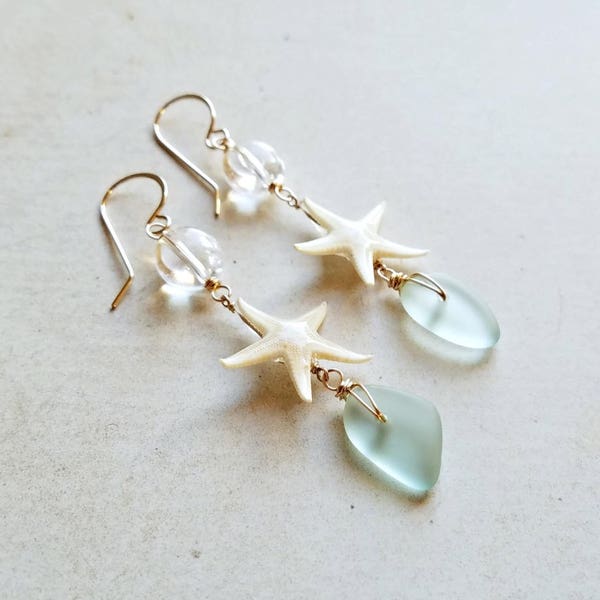 Starfish Sea Glass Earrings, Tiny Starfish Dangle, Aqua Sea Glass Drops, Real Starfish Jewelry