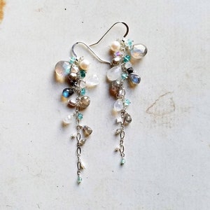 Labradorite Cluster Earrings, Moonstone Dangle Earrings, Blue Grey Long Dangle Earrings, Gemstone Dangle Cluster, Boho Gemstone Dangle,