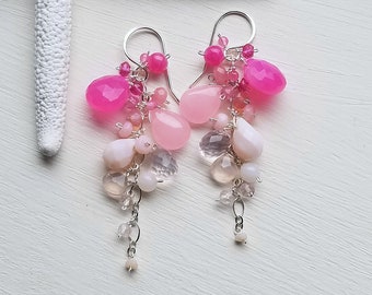 Hot Pink Opal Cluster, Pink Peruvian Opal Dangle, Bohemian Opal Earrings