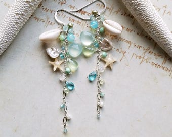 Blue Green Beach Earrings, Long Starfish Dangle, Cowrie Dangle Earrings E3090 E3091