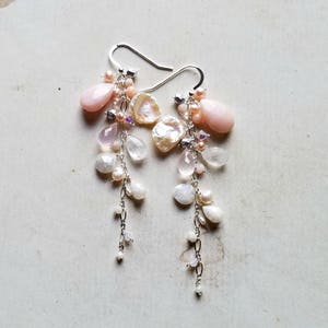 Pink White Dangle Earrings, Peruvian Opal Earrings, Pink Opal Dangle