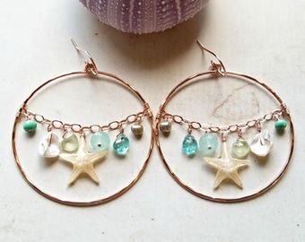 Large Starfish Hoop Earrings, Starfish Hoop Dangle, Real Starfish Earrings, Beach Hoop Cluster Earrings