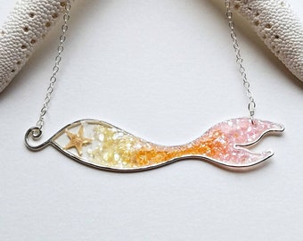 Long Mermaid Necklace, Sunset Necklace, Mermaid Tail Pendant, Sunrise Necklace, Resin Mermaid Necklace