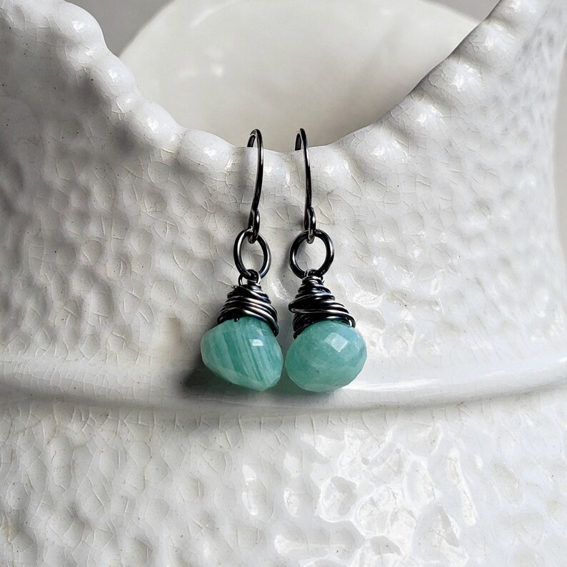 Small Amazonite Drops Oxidized Gemstone Earrings Ready Made Oxidized Silver Drop Earrings