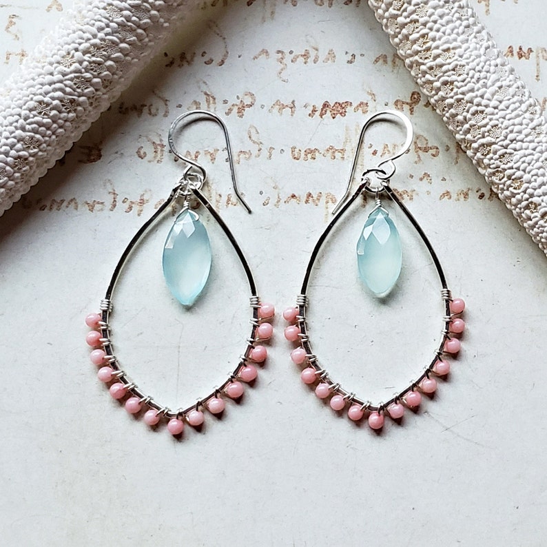 Coral Mint Hoop Earrings Peach Aqua Earrings Wire Wrapped - Etsy