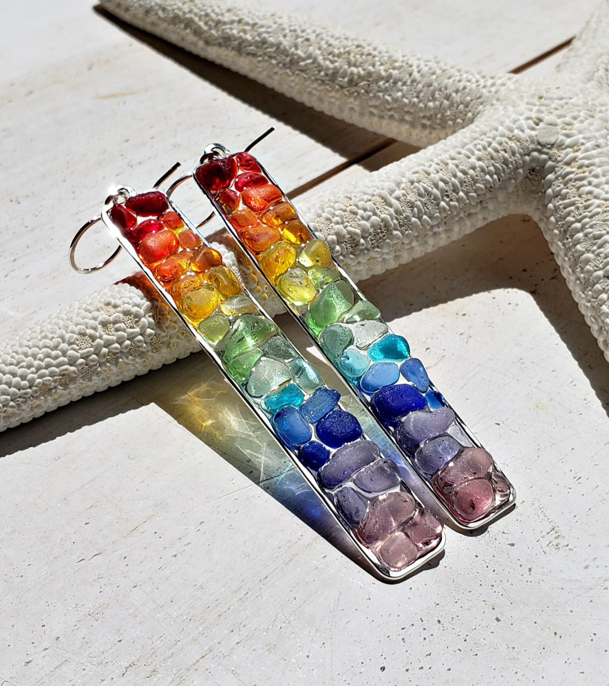 Rainbow Beach Glass Earrings, Rainbow Sea Glass Mosaic