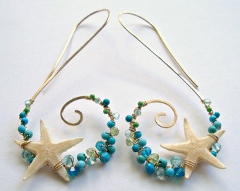 Starfish Hoop Earrings, Turquoise Threader Hoops, Blue Green Spiral Hoop Earrings