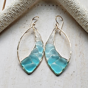 Marquise Sea Glass Hoops, Turquoise Beach Glass Earrings, Aqua Ombre Resin Hoop Earrings image 10