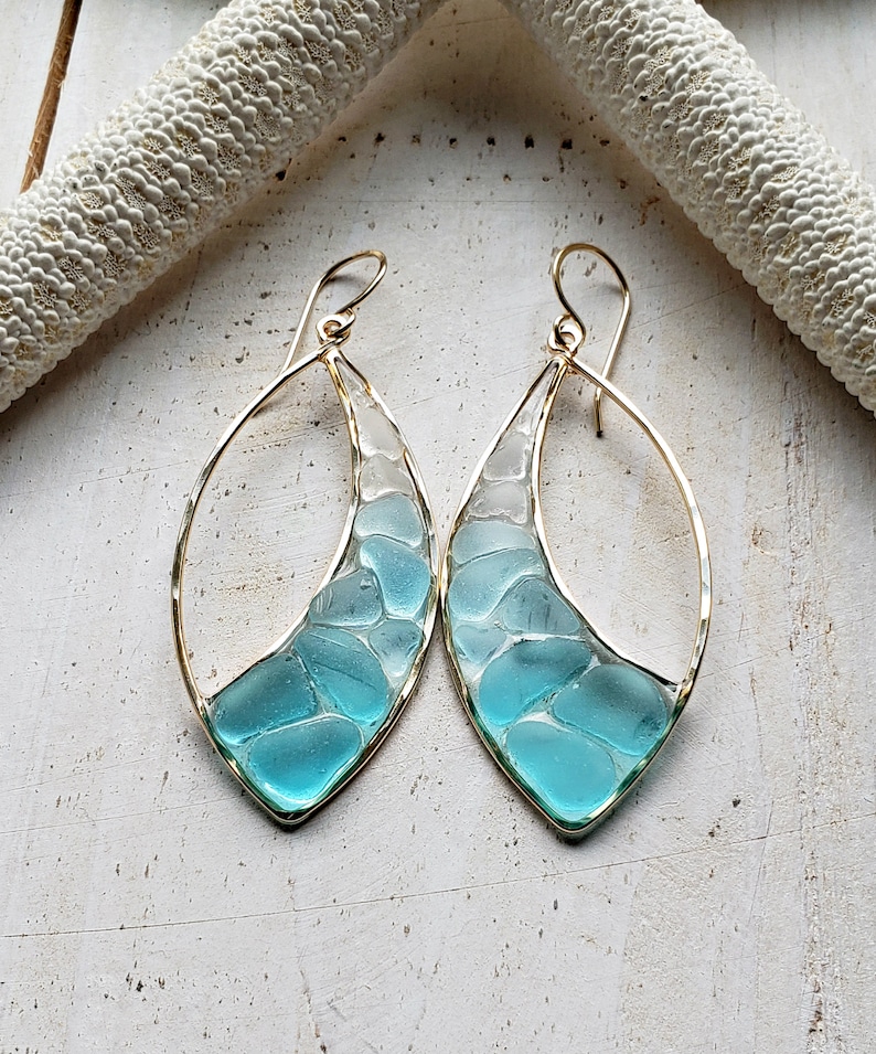 Marquise Sea Glass Hoops, Turquoise Beach Glass Earrings, Aqua Ombre Resin Hoop Earrings image 10