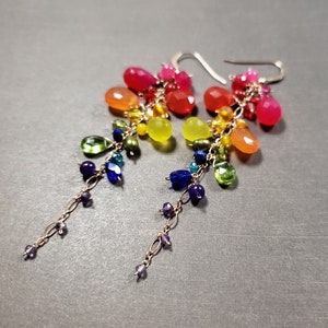 Rainbow Gemstone Dangle Earrings, Long Dangle Earrings, Boho Gemstone Dangles, Rainbow Earrings, ROYGBIV
