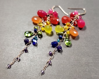 Rainbow Gemstone Dangle Earrings, Long Dangle Earrings, Boho Gemstone Dangles, Rainbow Earrings, ROYGBIV