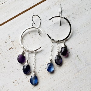 Blue Crescent Moon Earrings, Peacock Gemstone Chandelier, Amethyst Crescent Moon Chandelier sterling silver