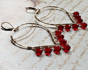 Red Drop Chandelier Earrings, Red Lotus Hoop Earings, Red Chandelier Hoops