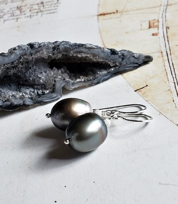 Silver Peacock Tahitian Pearl Earrings Peacock Pearls Baroque