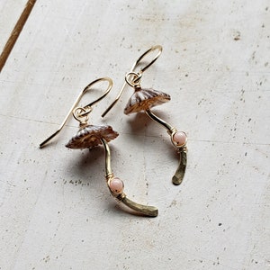 Mushroom Gemstone Earrings, Fungi Earrings, Ophi Shell Dangle, Botanical Gemstone Earrings, Gift For Mycologist pink coral