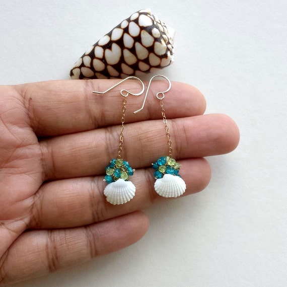 Seashell Dangle Earrings Blue Green Gemstone Cluster | Etsy